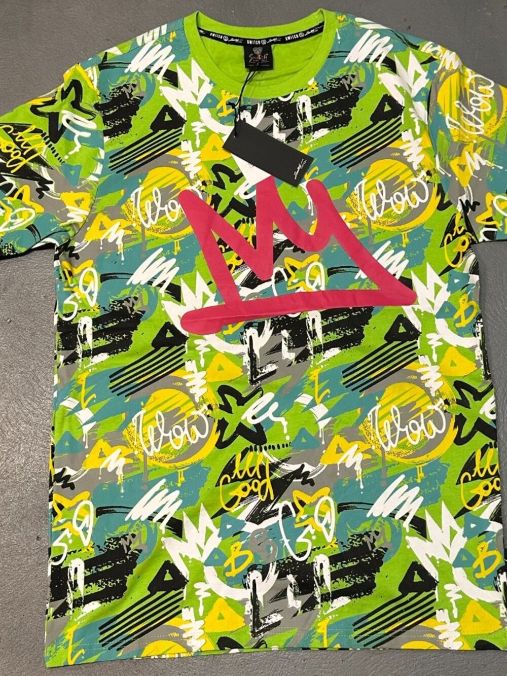 Switch Y2K Graffiti Graphic T Shirt Green Size Large Crown Streetwear NWT